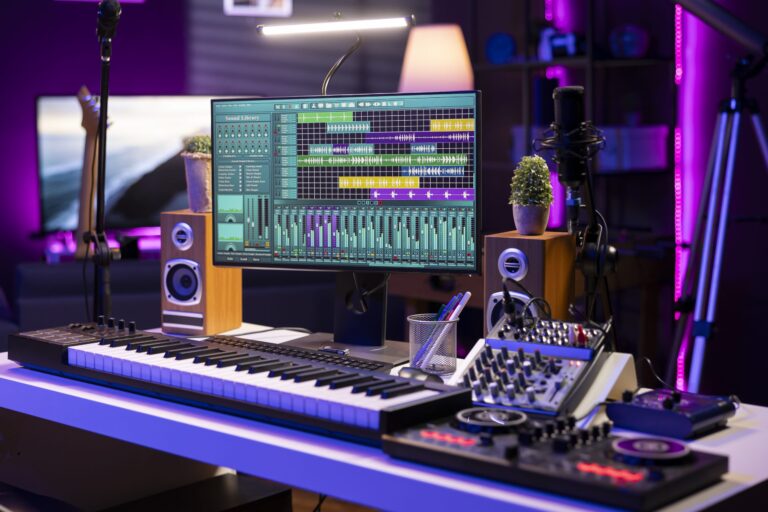Logiciel de mixage audio affiché sur l’écran d’un home studio