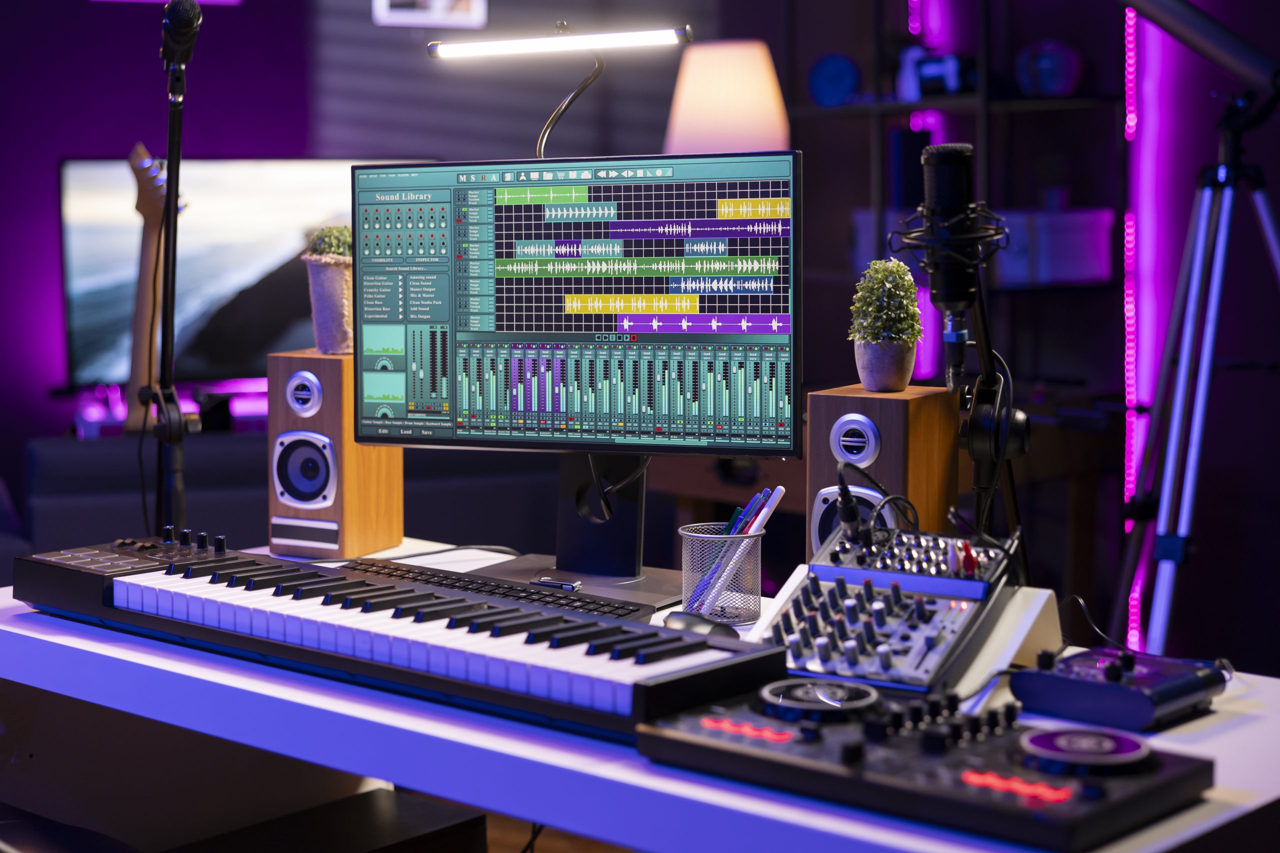 Logiciel de mixage audio affiché sur l’écran d’un home studio