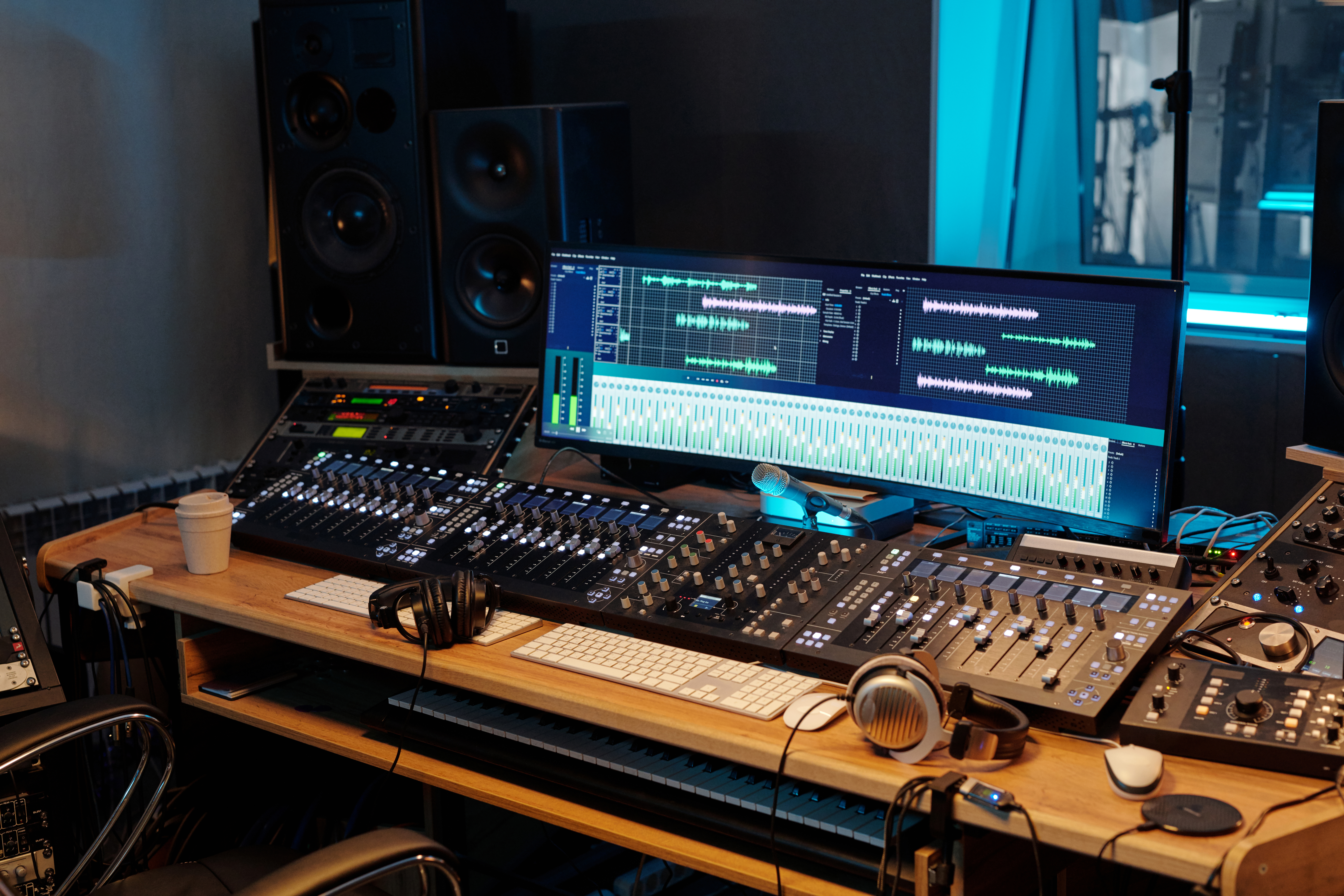 Plusieurs consoles et équipements réunis dans un studio d’enregistrement