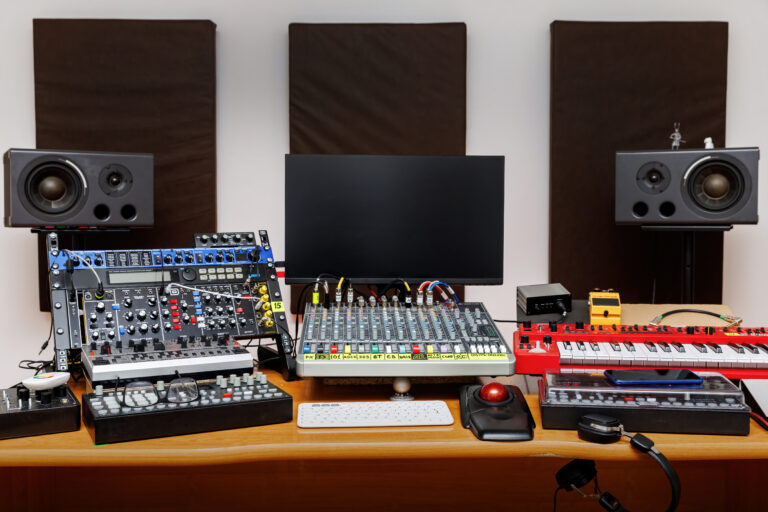 Plusieurs synthétiseurs et une table de mixage dans un studio de musique